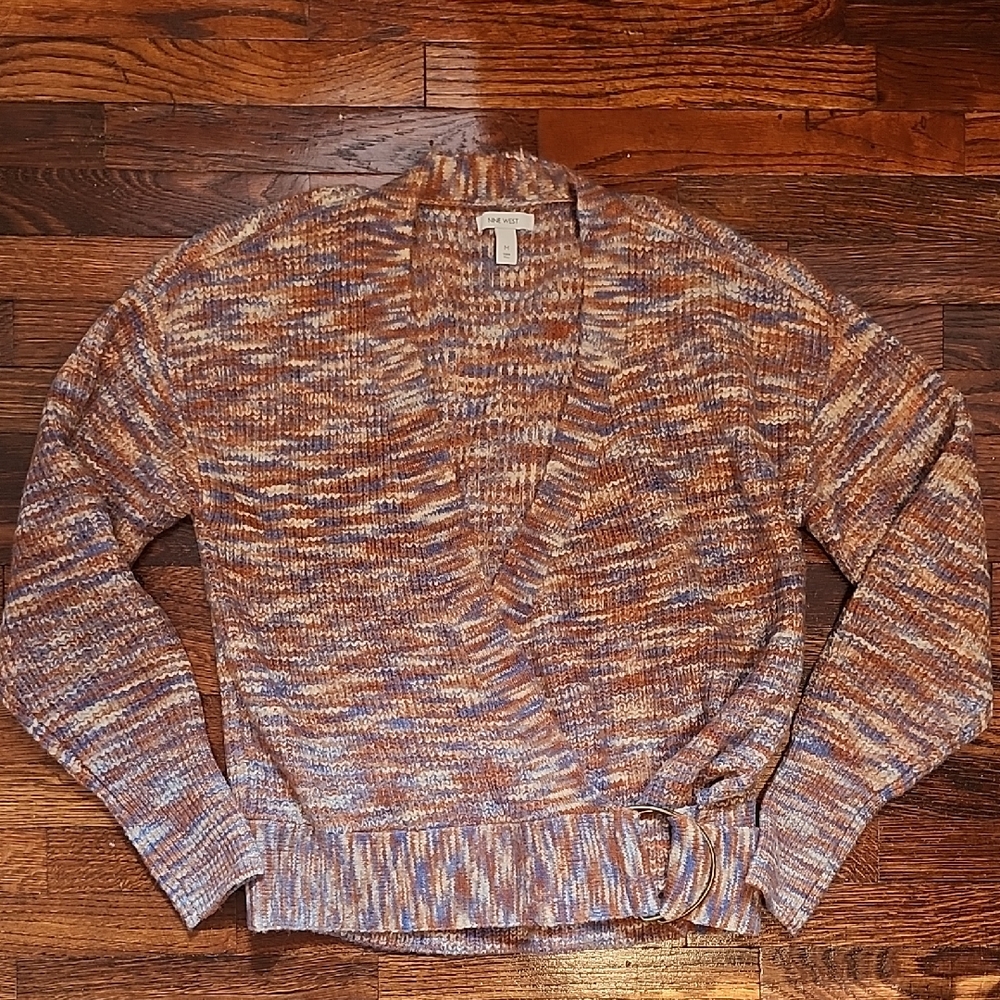 Nine West Knitted Soft Cozy Brown and Blue Belted Cottagecore V-Neck Sweater Med